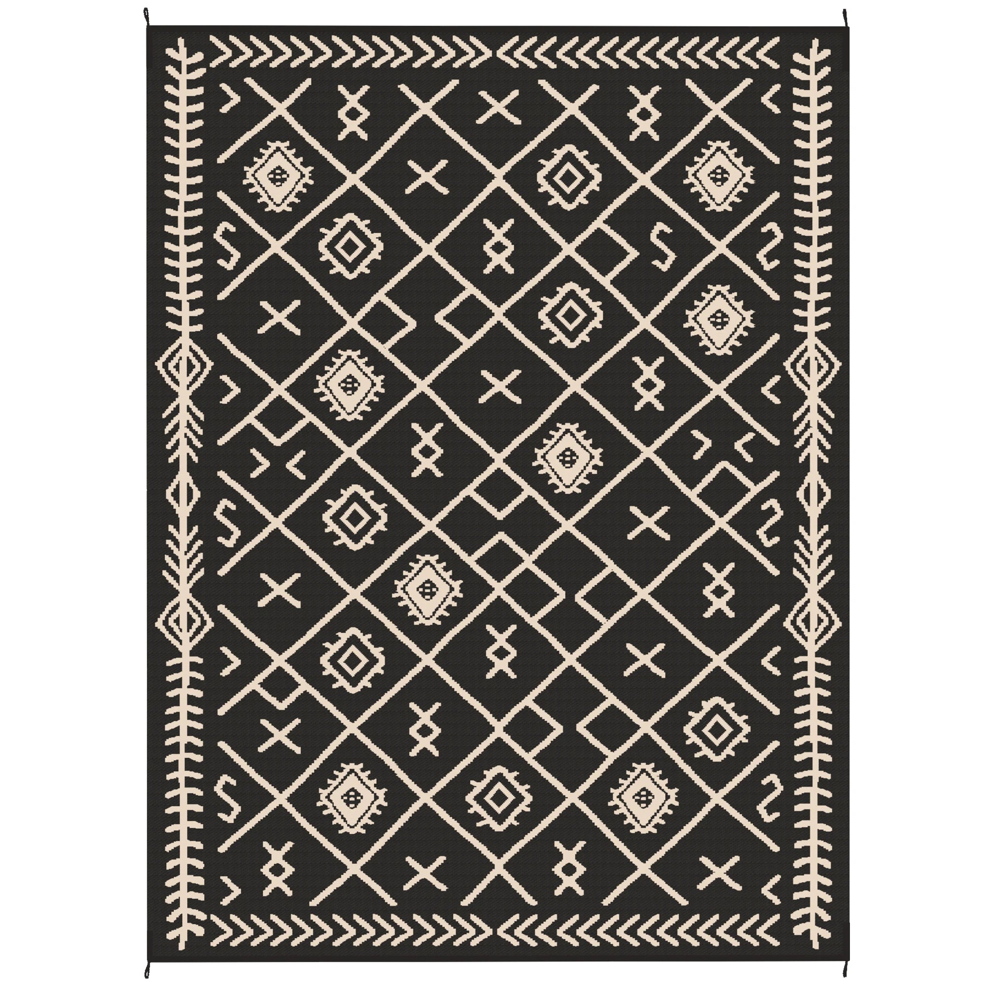 Awesome Outdoor Rug, 9' x 12' Floor Mat, Black Beige Rhombus