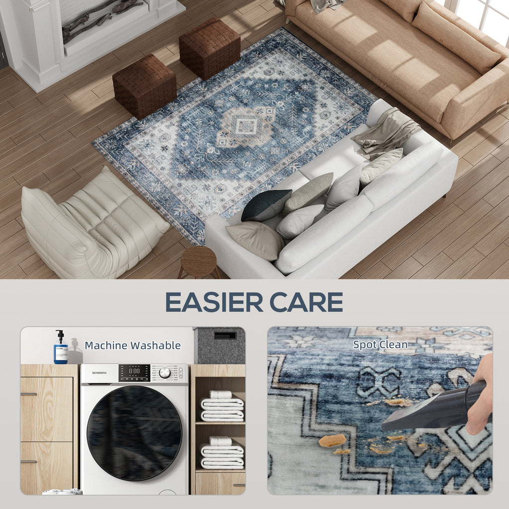 Relaxing Boho Pattern 4'x6' Vintage Oriental Medallion Distressed Rugs, Blue