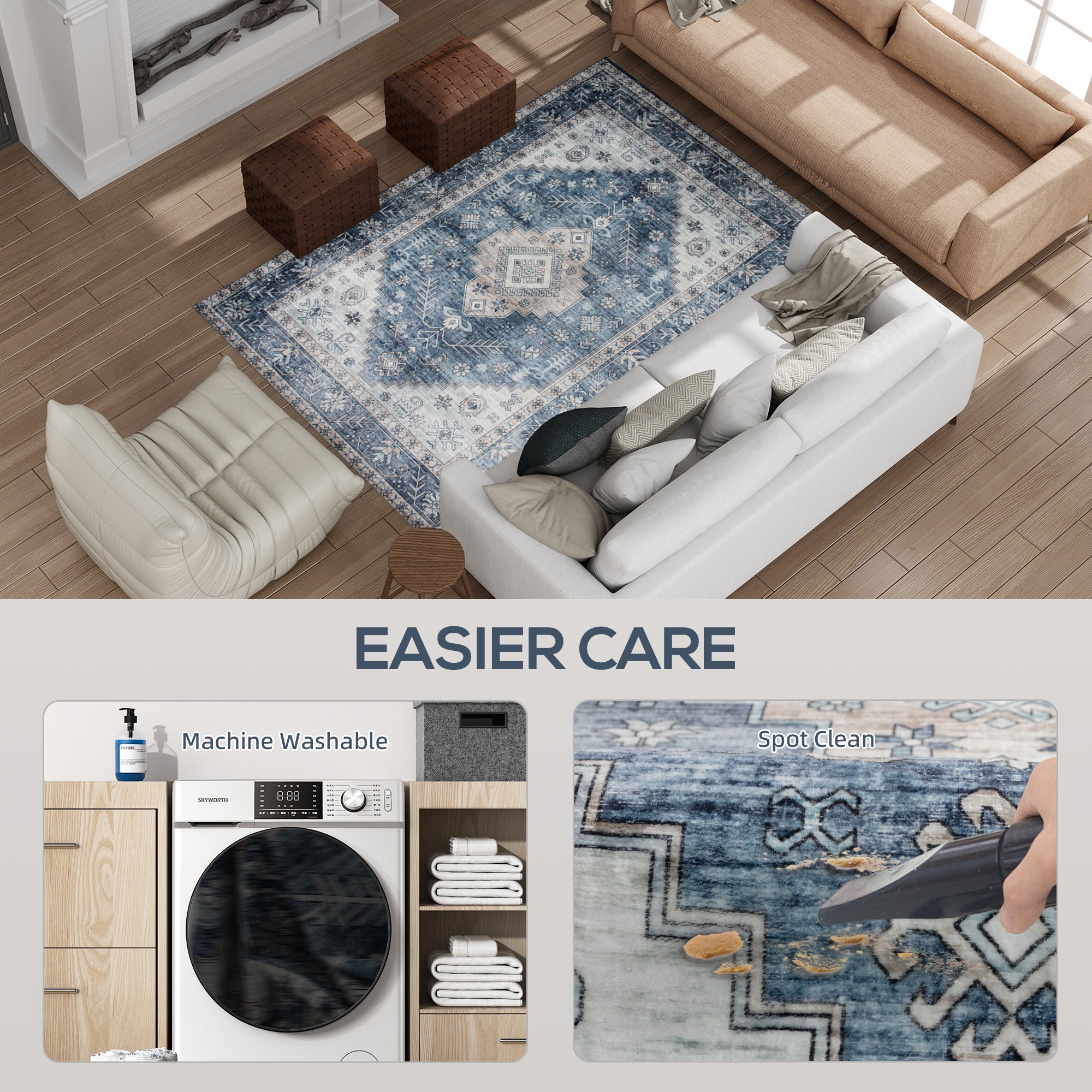 Relaxing Boho Pattern 4'x6' Vintage Oriental Medallion Distressed Rugs, Blue