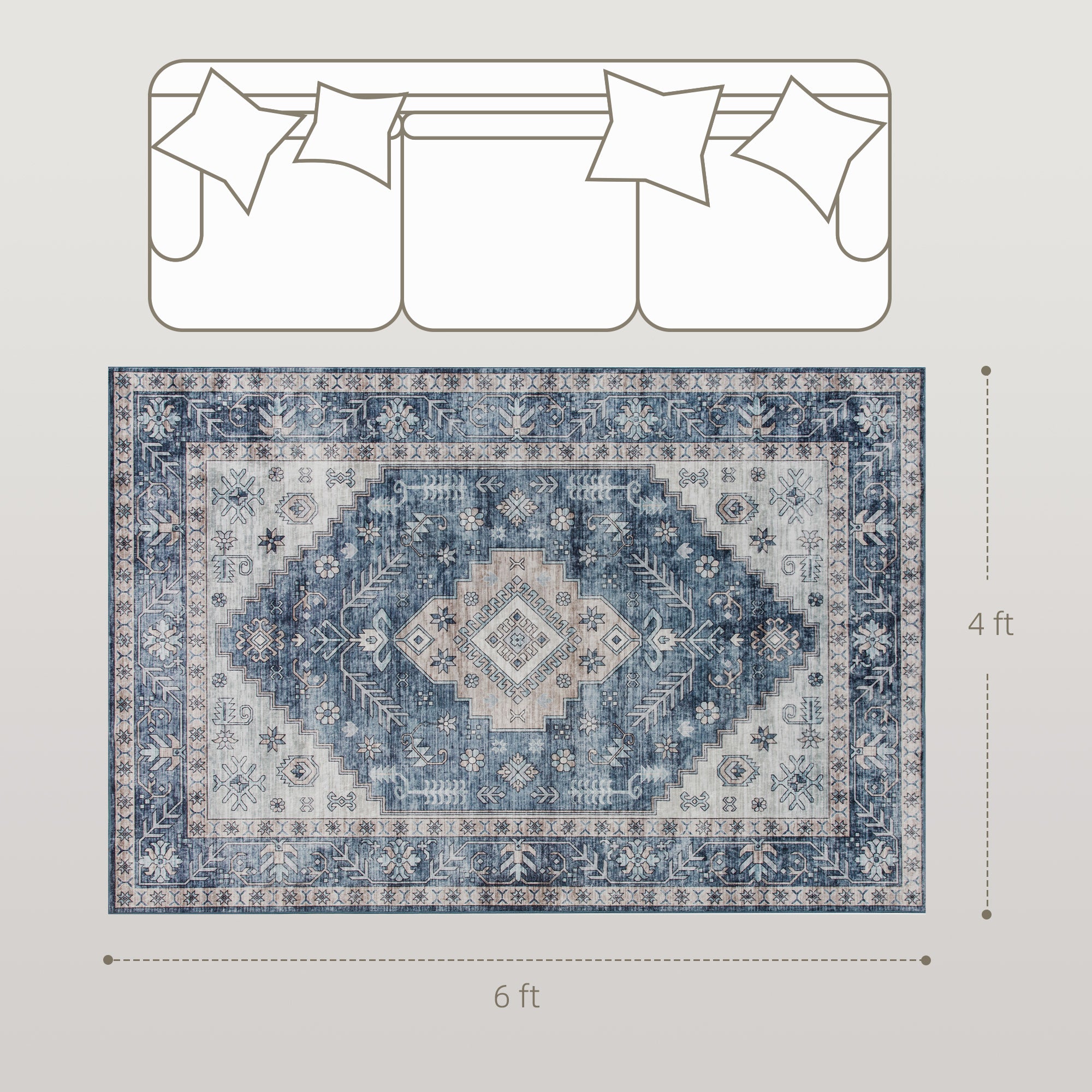 Relaxing Boho Pattern 4'x6' Vintage Oriental Medallion Distressed Rugs, Blue